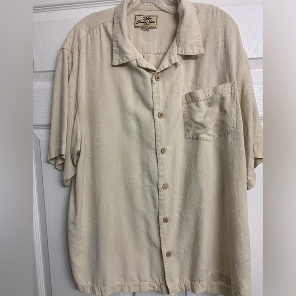Jamaica Jacxx 100% Silk Shirt size L Short Sleeve Tropical fern pattern Pocket - Picture 10 of 17